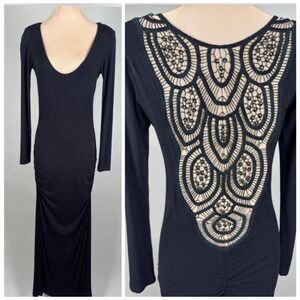 Sky‎ Black Long Sleeve Ruched Backless Crochet Detail Maxi Dress X-Small